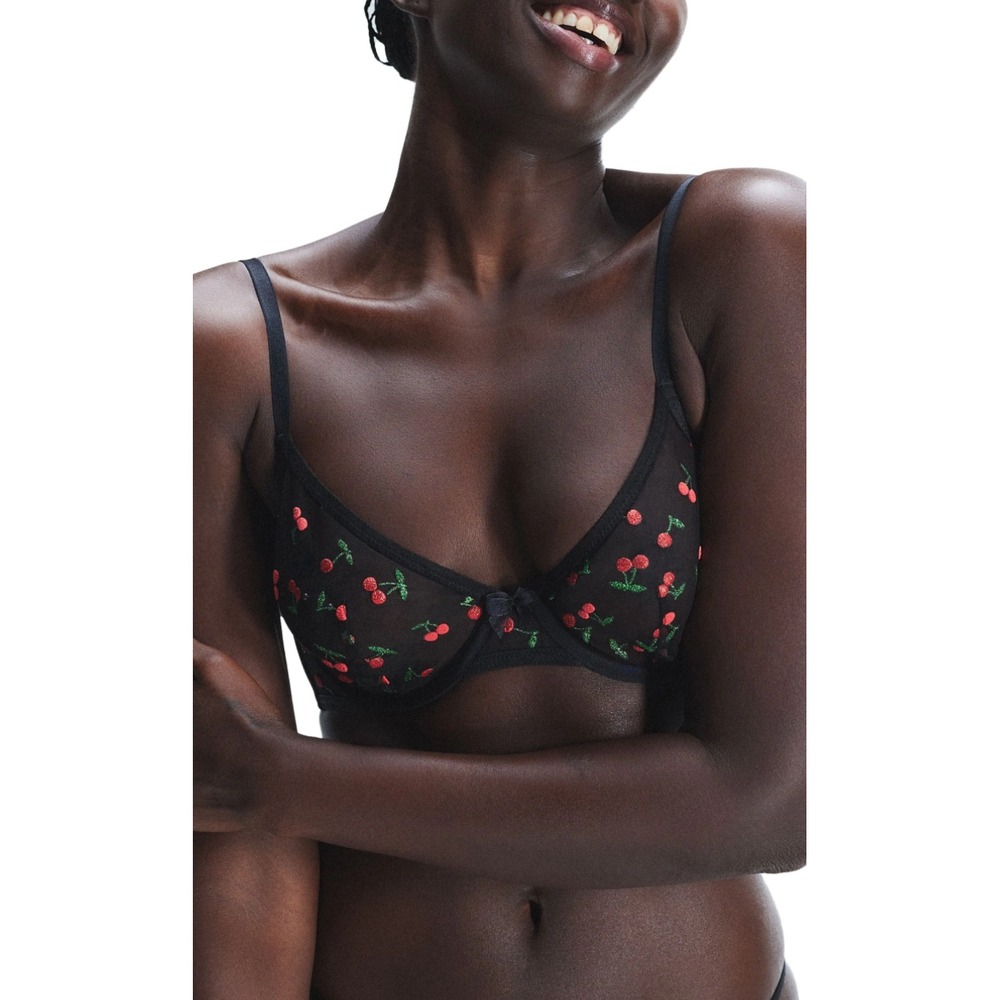 Savage‎ X Fenty Black Mesh Cherry Embroidered Underwire Bra 32C NWT